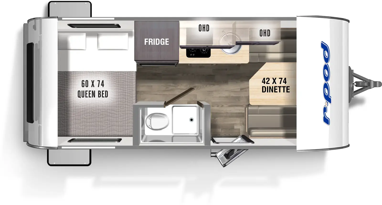 The RP-171C has one entry door and zero slideouts. Interior layout front to back: front dinette; off-door side kitchen counter with sink, cooktop, overhead cabinet, and refrigerator; door side entry and wet bathroom; rear queen bed.